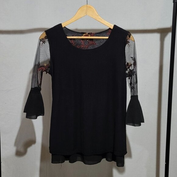 Elena Baldi blouse lacy goth fairy shirt sheer sleeves back floral embroidery - Picture 7 of 13